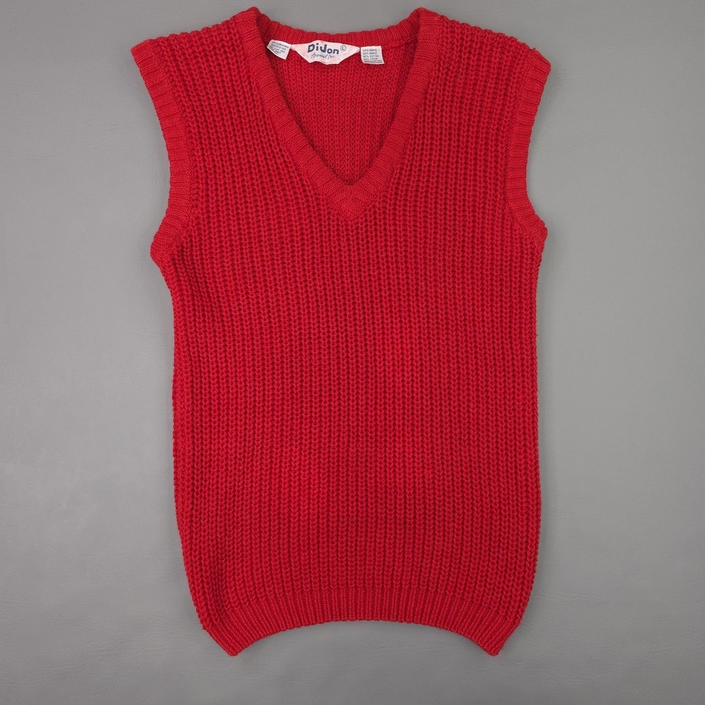 DiJon Sweater Vest Womens Large Red V Neck Chunky Knit Ramie Cotton Pullover